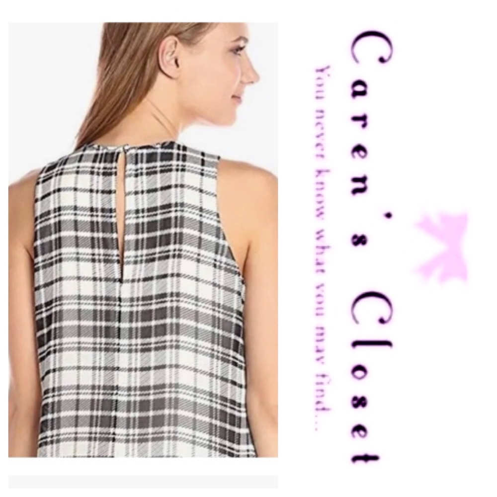 Calvin Klein Black & White Plaid Chiffon Trapeze Sleeveless Dress - Picture 3 of 11
